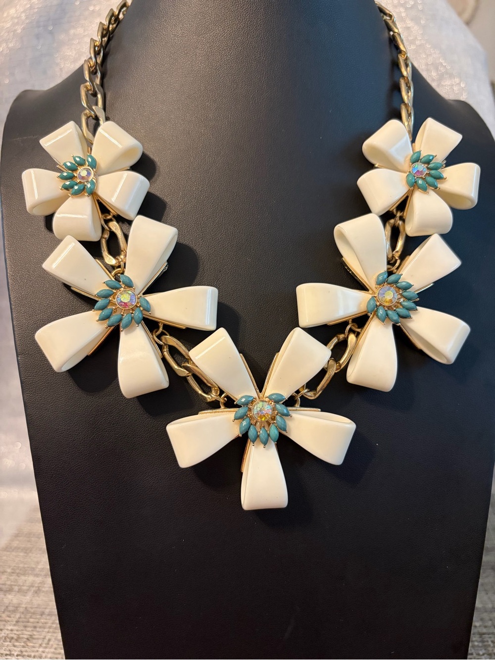 Vintage Statement Cream Flower Necklace with Turquoise Accents - Women Jewelry